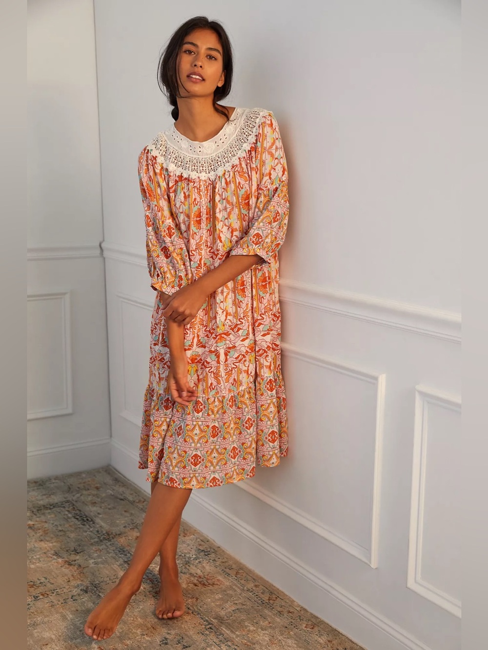 Anthropologie Floral Lace Lounge Midi Dress